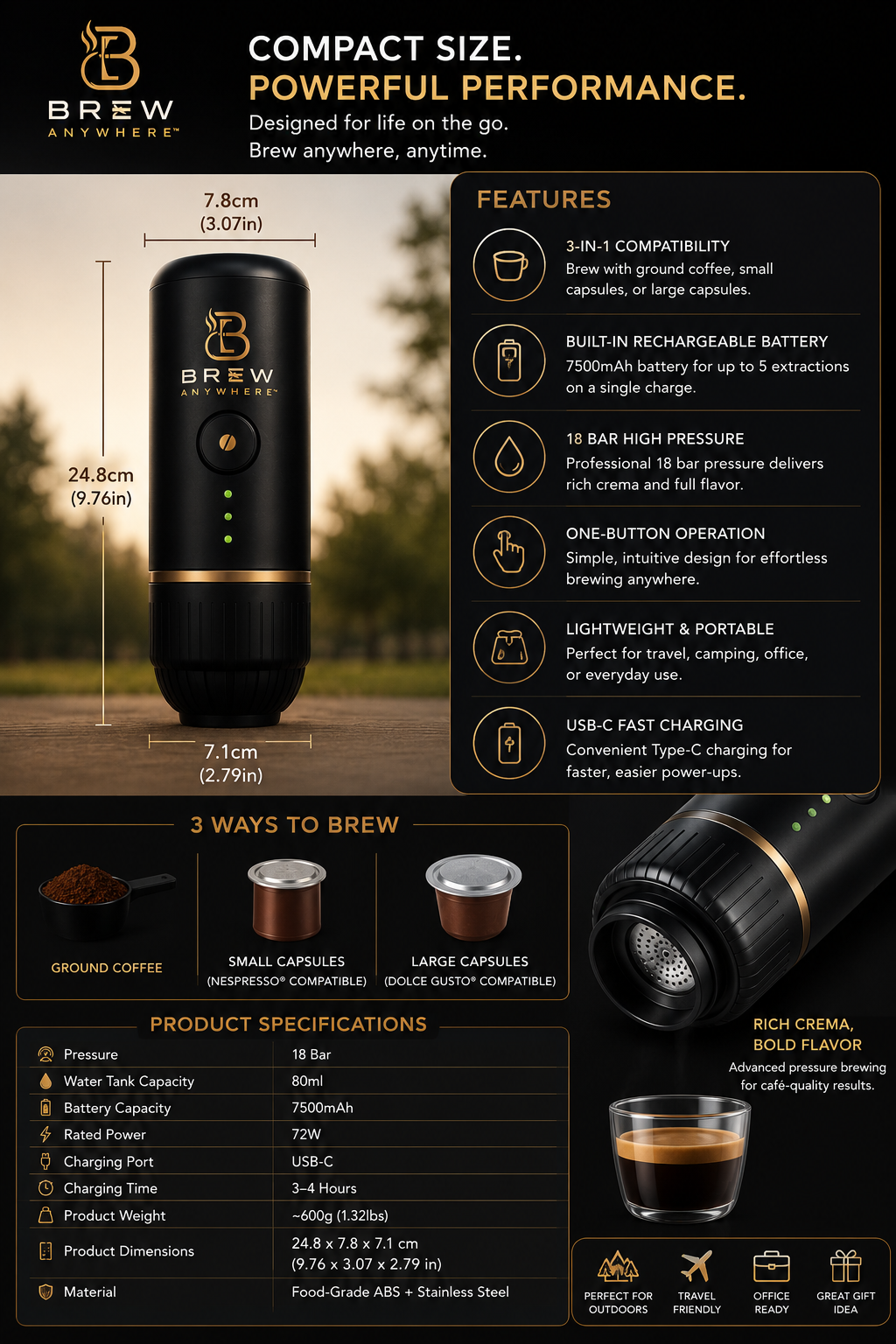 Dimensions and features of the Brew Anywhere portable espresso maker