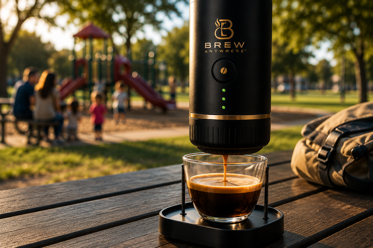 Brew Anywhere portable espresso maker extracting fresh espresso with crema