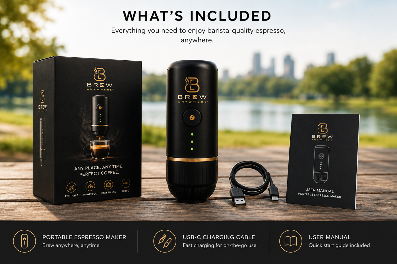 Brew Anywhere portable espresso maker with it's including brewing accessories