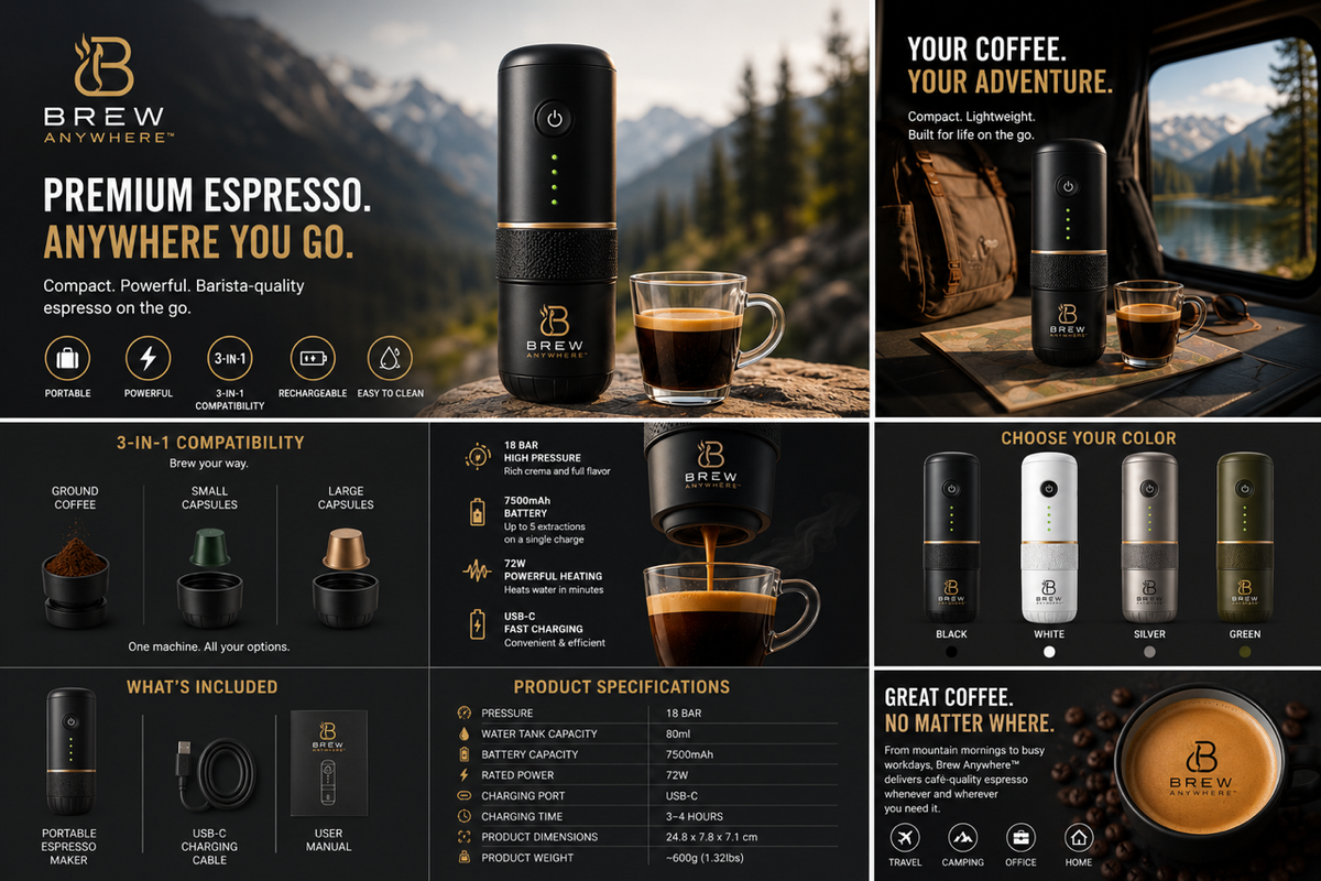 Brew Anywhere black portable espresso maker with espresso cup