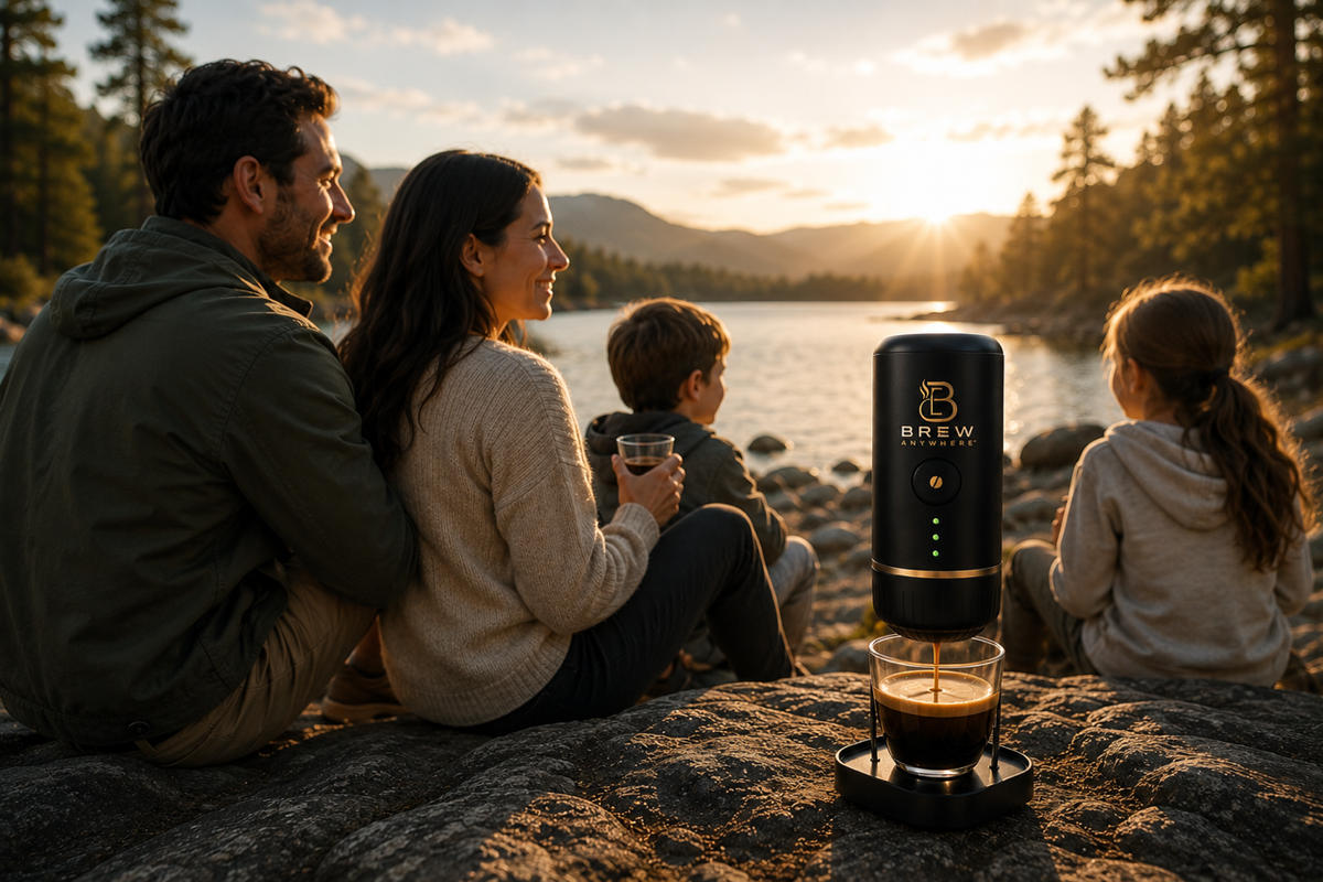 Brew Anywhere portable espresso maker at a mountain overlook during sunrise